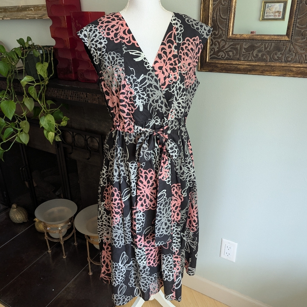 Garnet Hill Size 10 Voile Tie Waist Jardin Floral V-Neck Fit & Flare Dress 157